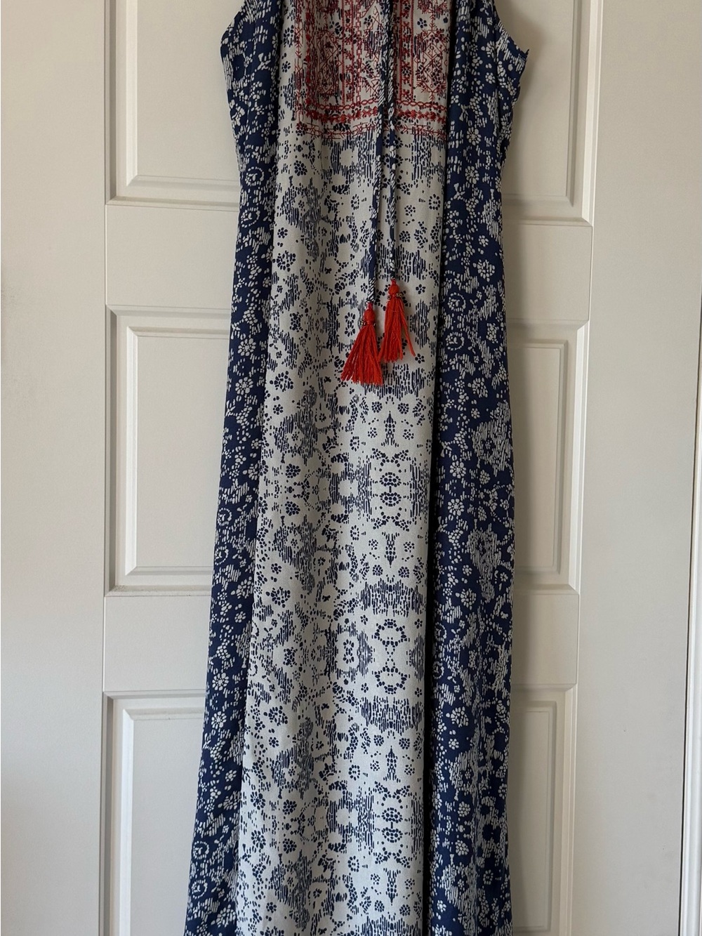 Knox Rose Boho Maxi Dress Small Blue White Print Tassel Tie High Low Hem